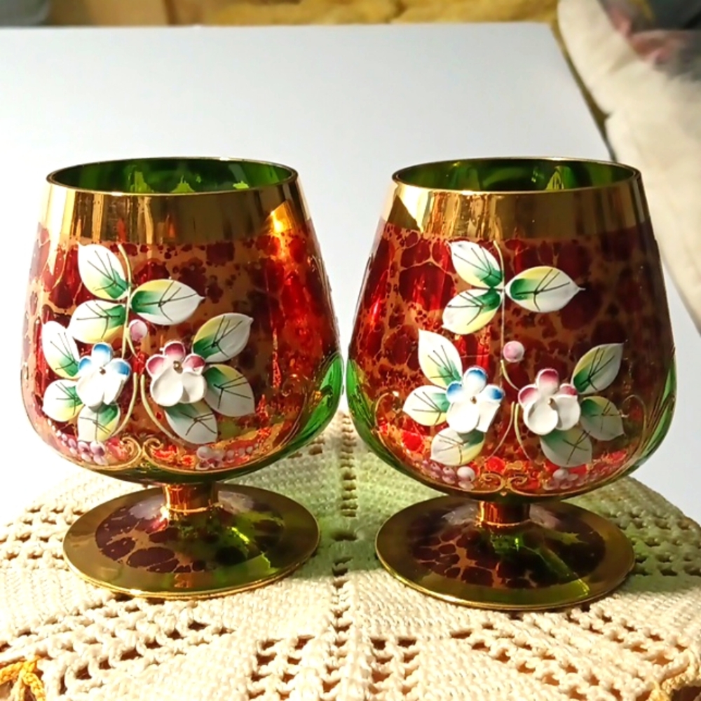 Vintage Moser Bohemian  Chezoslovkia Floral Gold Rimmed Cognac Glasses